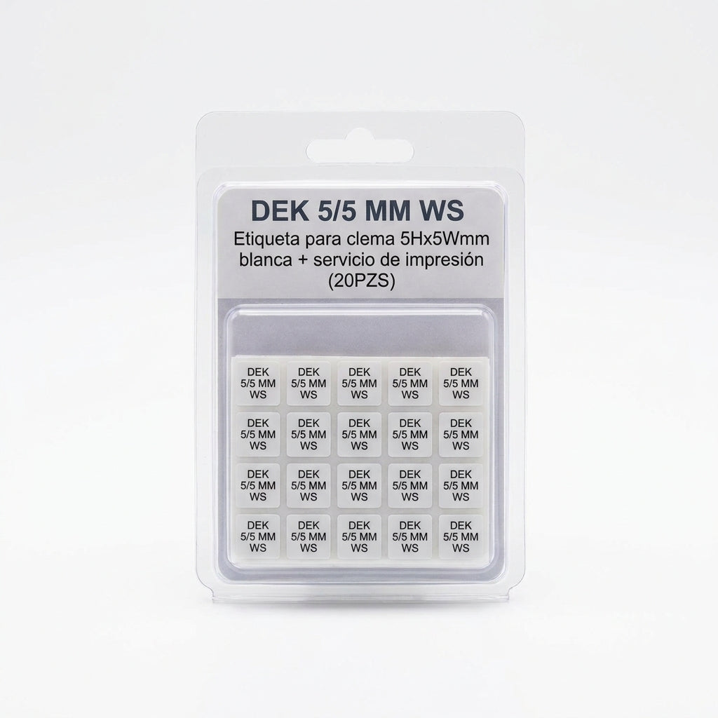 DEK 5/5 MM WS Etiqueta para clema 5Hx5Wmm blanca + servicio de impresión (20PZS)