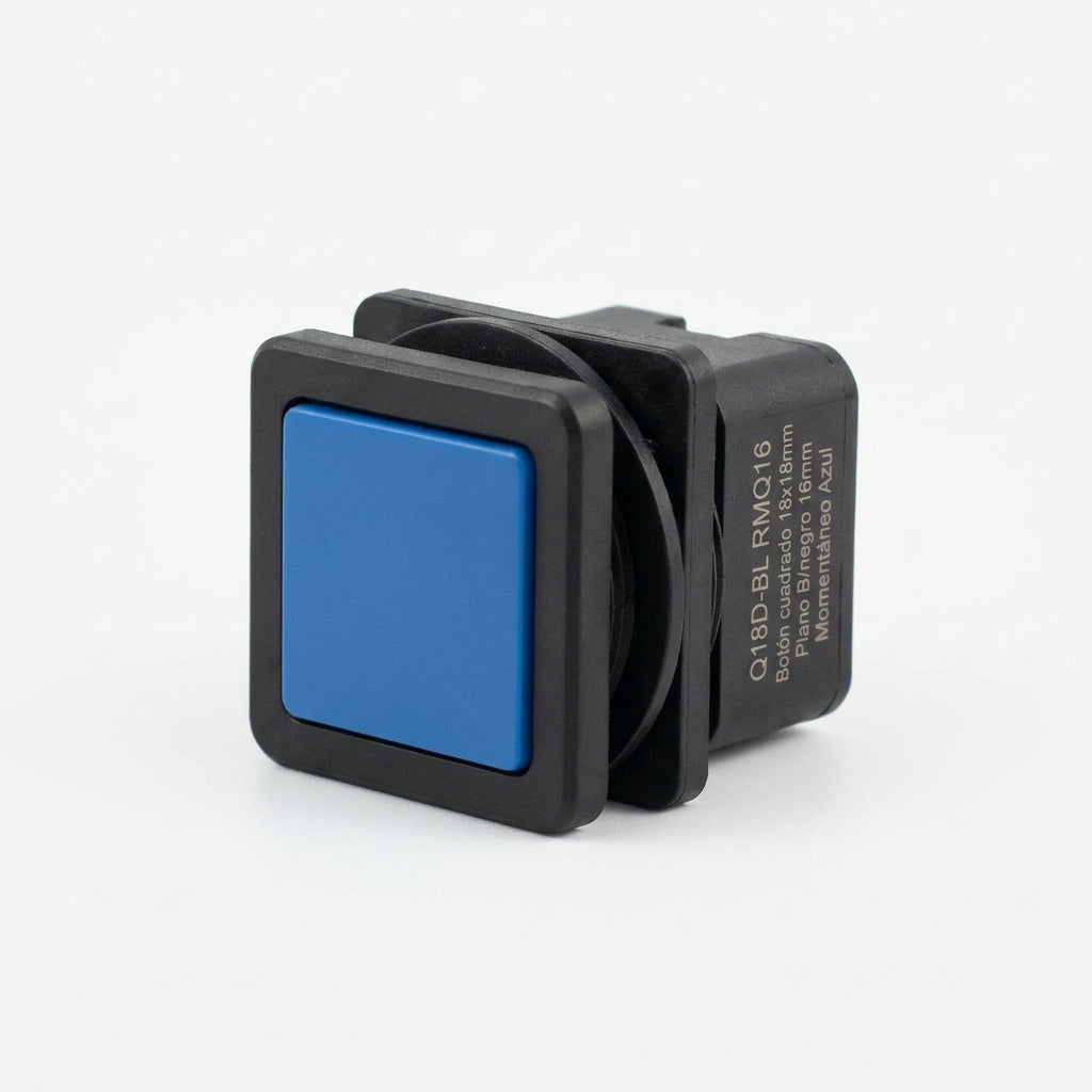 Q18D-BL RMQ16 Botón cuadrado 18x18mm Plano B/negro 16mm Momentáneo Azul