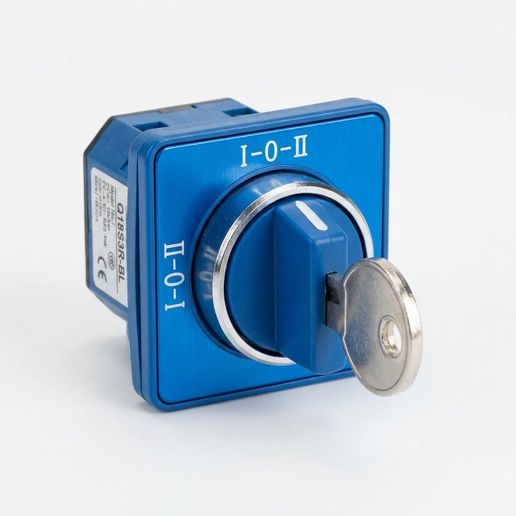 Q18S3R-BL Selector cuadrado 18X18mm con Llave 3pos 16mm Mantenido -I-0-II- Azul
