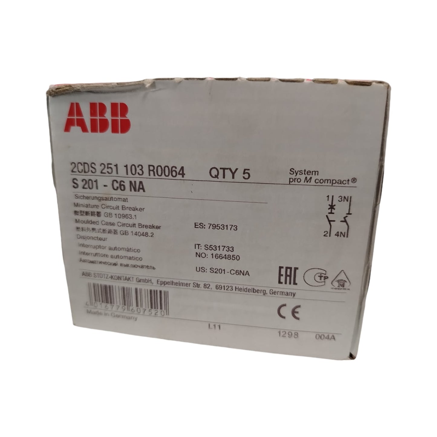 ABB 2CDS 251 103 R0064/S 201-C6 NA Interruptor termomagnético