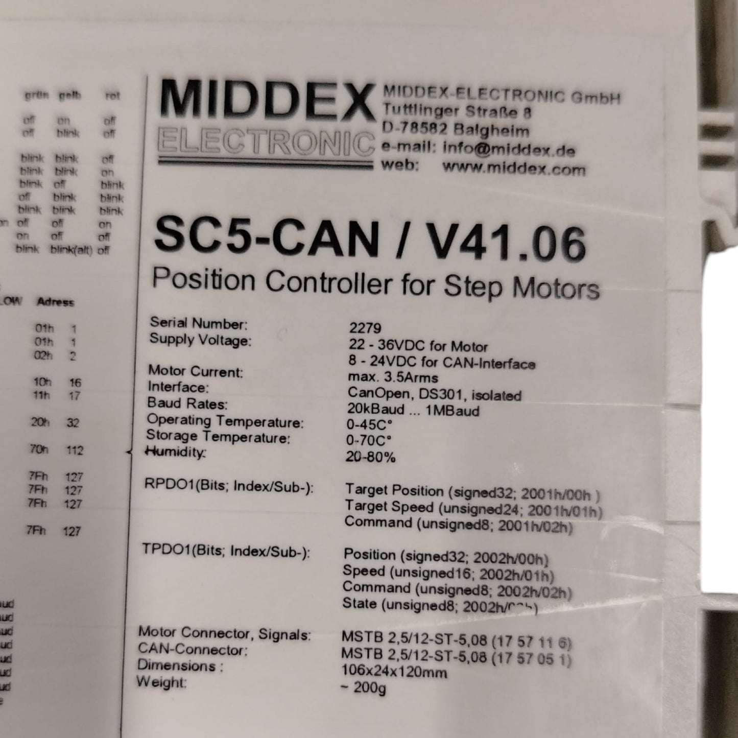 MIDDEX ELECTRONIC SC5-CAN/V41.06 CONTROLADOR DE POSICIÓN
