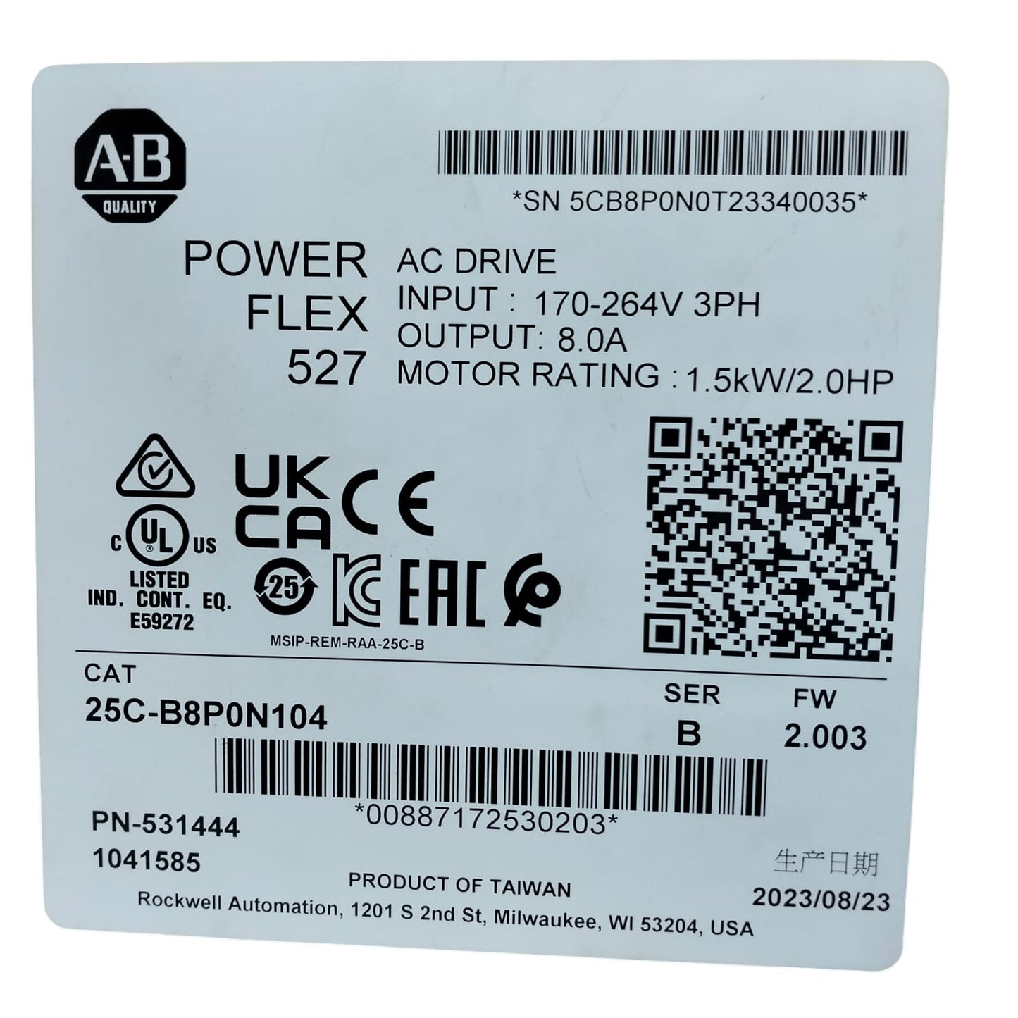 ALLEN BRADLEY 25C-B8P0N104 Power Flex 527 Variador de frecuencia