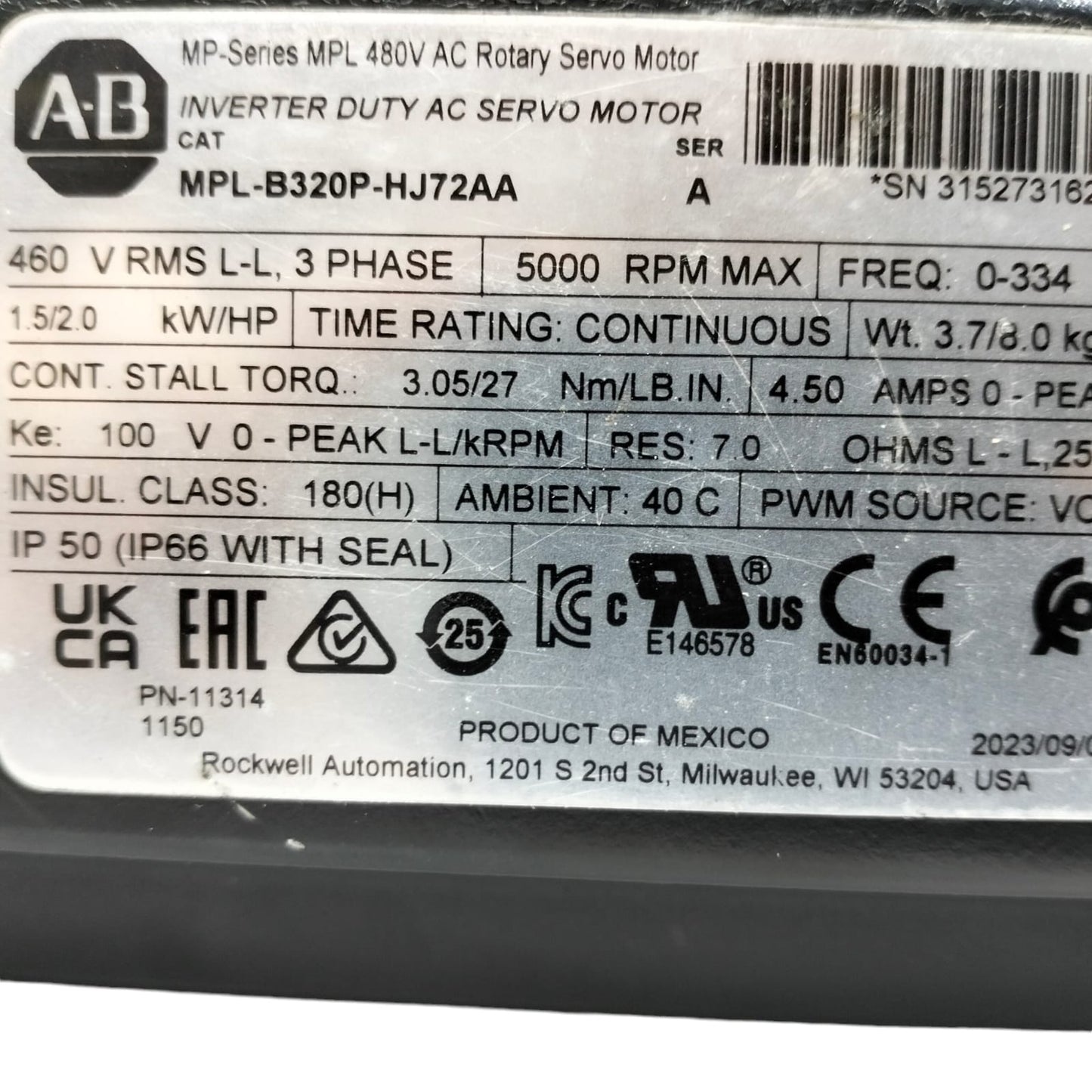 Allen Bradley Mpl-b320p-hj72aa Servomotor