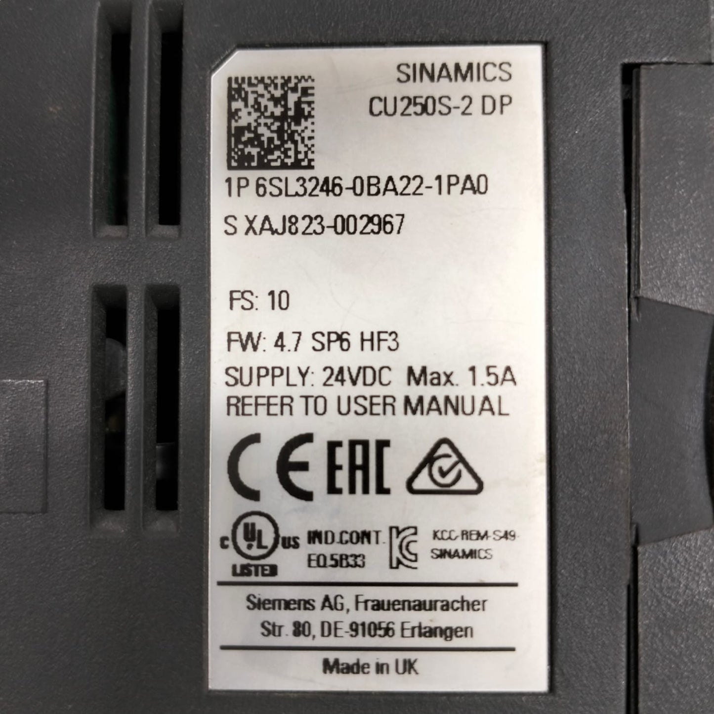 Siemens 6sl3246-0ba22-1pa0 SINAMICS CU250S-2 DP