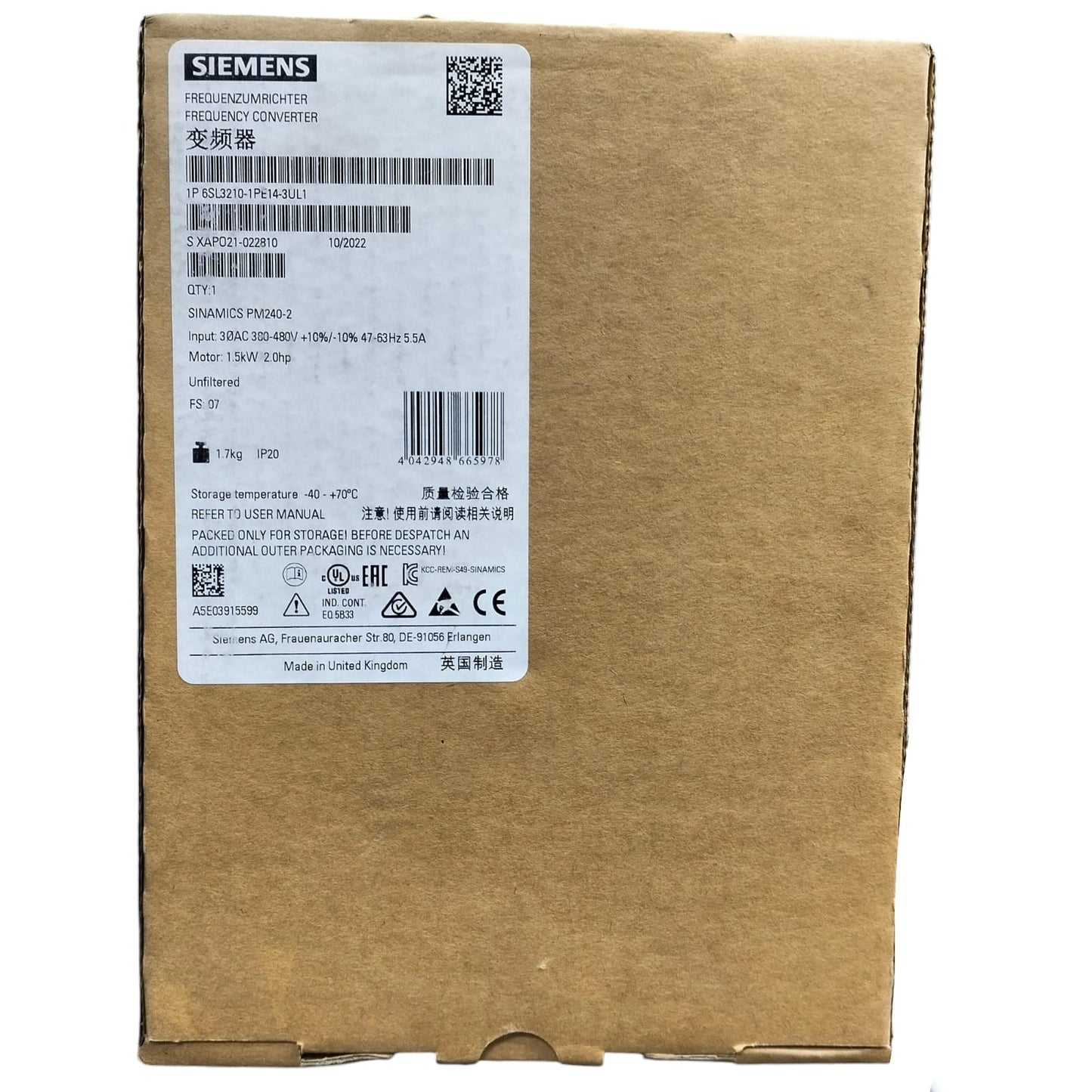 Siemens 6sl3210-1pe14-3ul1 SINAMICS PM240-2