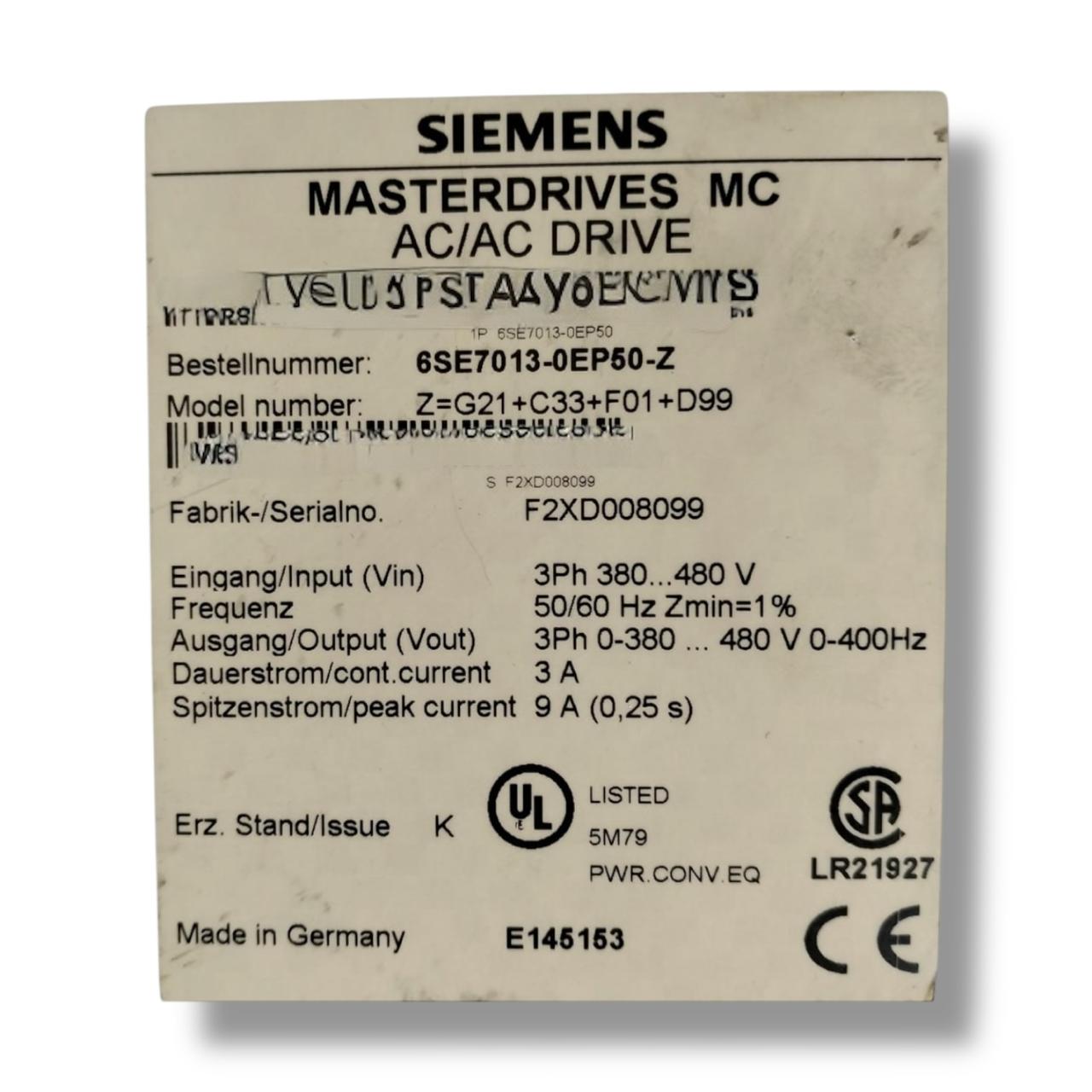 SIEMENS 6SE7013-0EP50-Z INVERSOR DE FRECUENCIA
