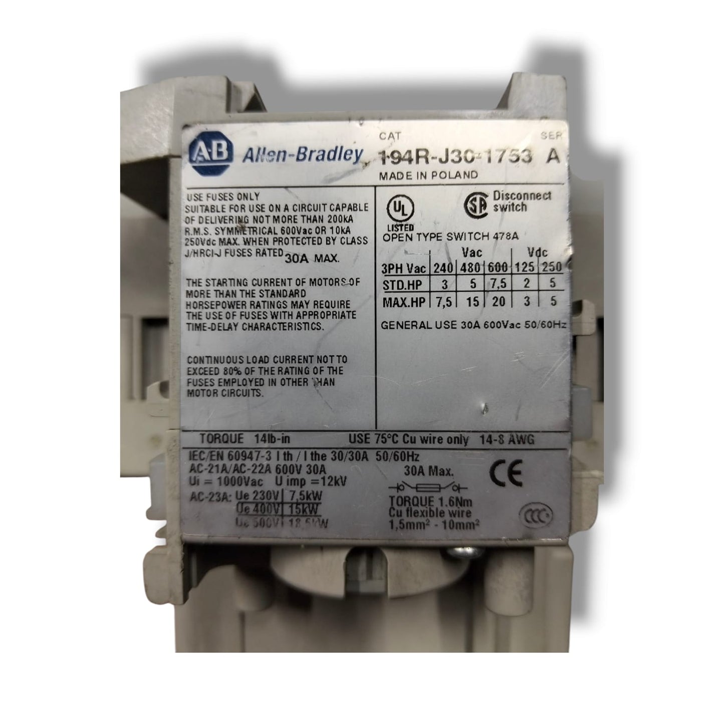 ALLEN BRADLEY 194R-J30-1753 INTERRUPTOR DE DESCONEXIÓN