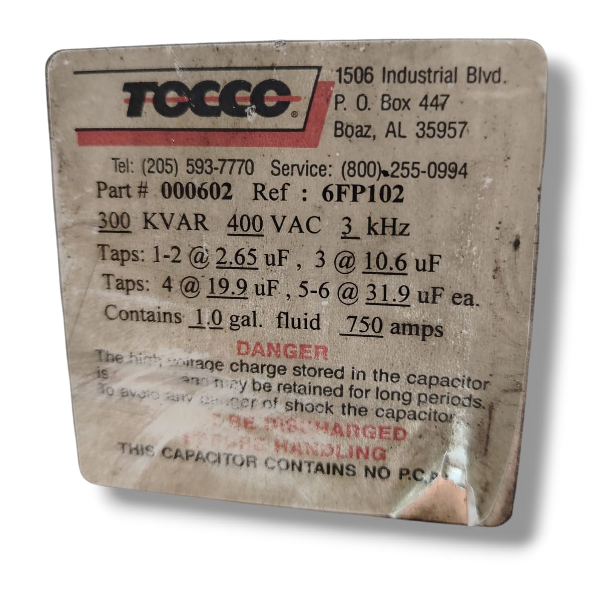 TOCCO 6FP102 CAPACITADOR DE POTENCIA INDUSTIAL
