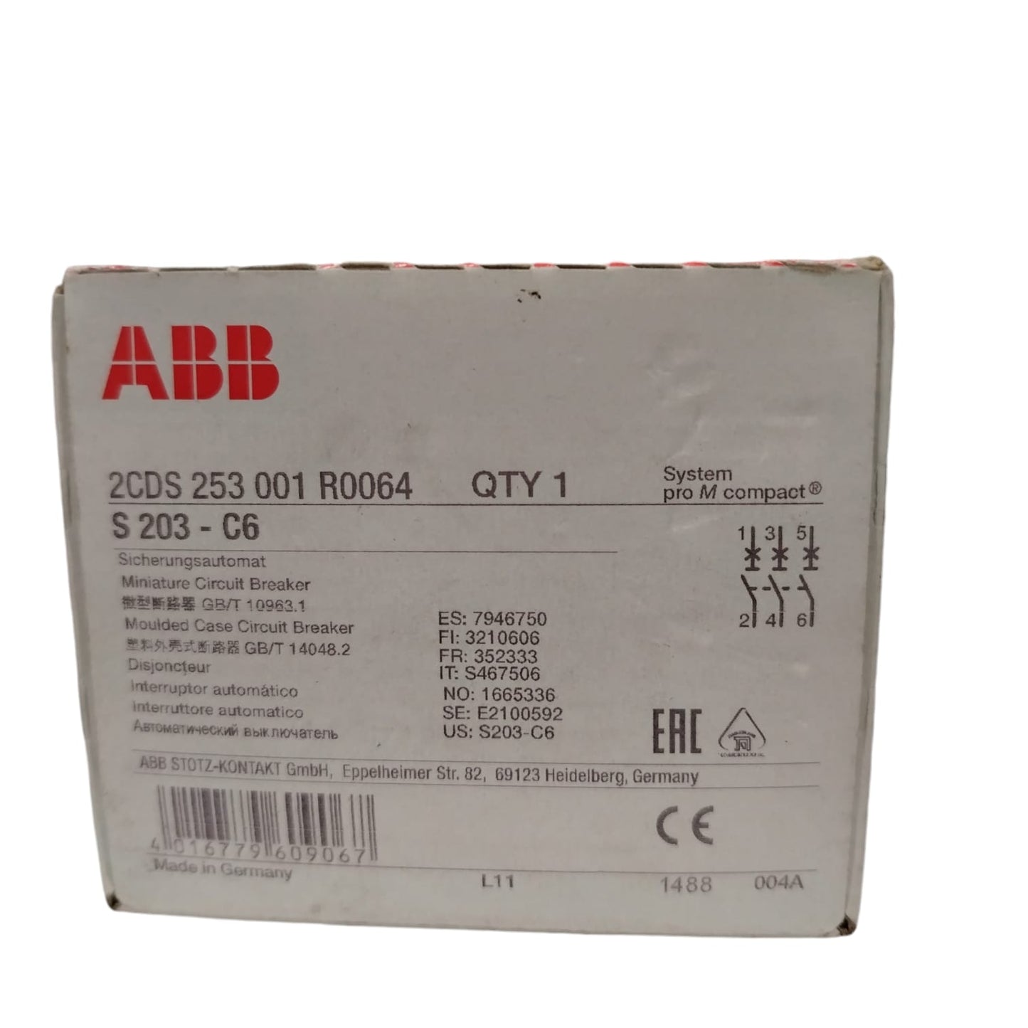 ABB 2CDS 253 001 R0064/S 203-C6 Interruptor termomagnético