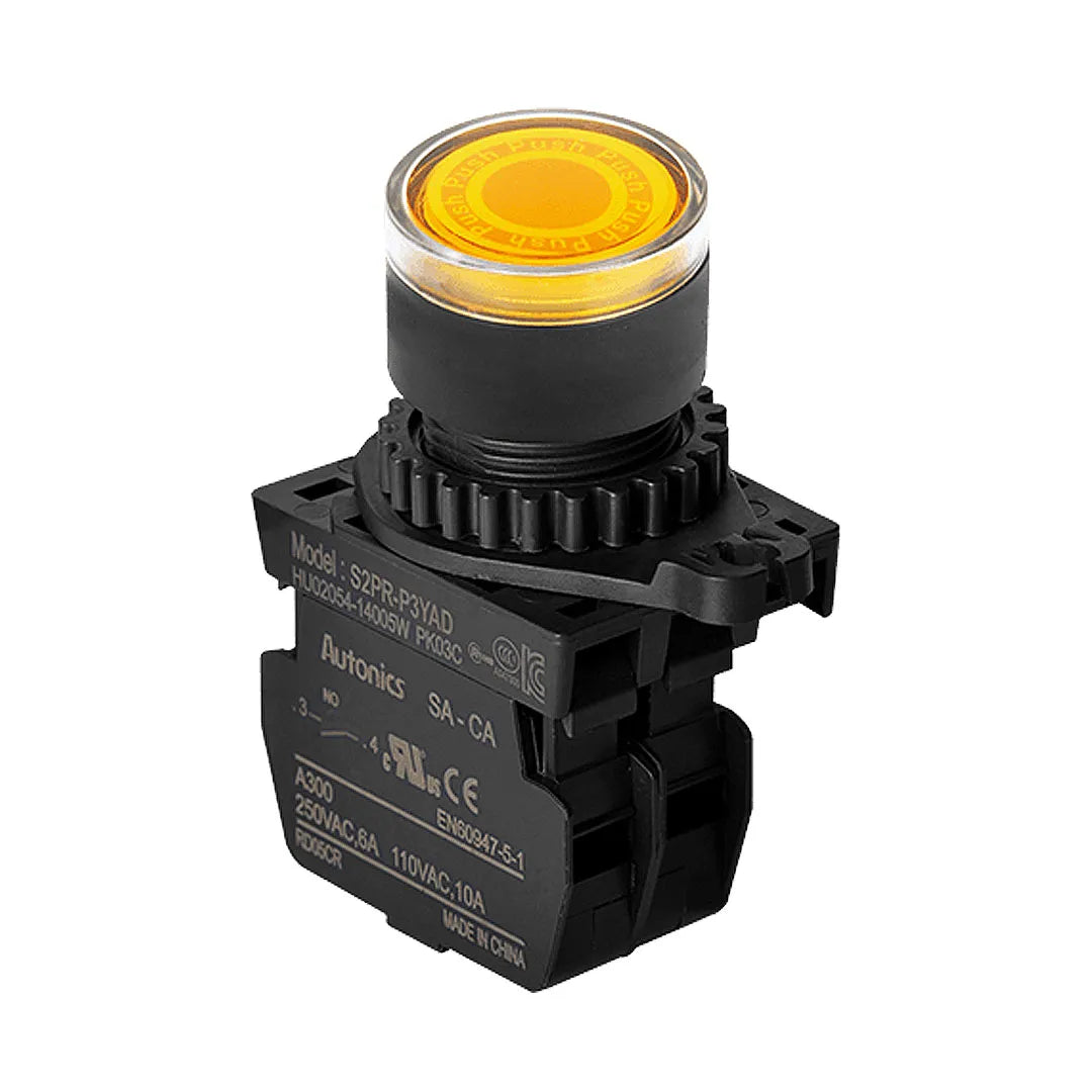S2PR-P3YAD Botón iluminado saliente 22mm momentáneo amarillo 12-24VUC 1NA