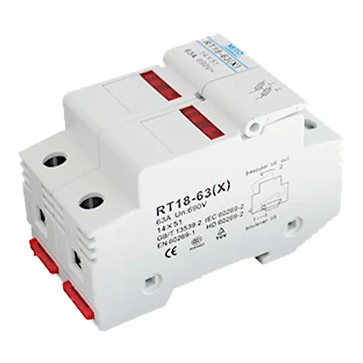 Portafusible bipolar 10x38mm 32A 690VAC 100kA Montaje riel DIN