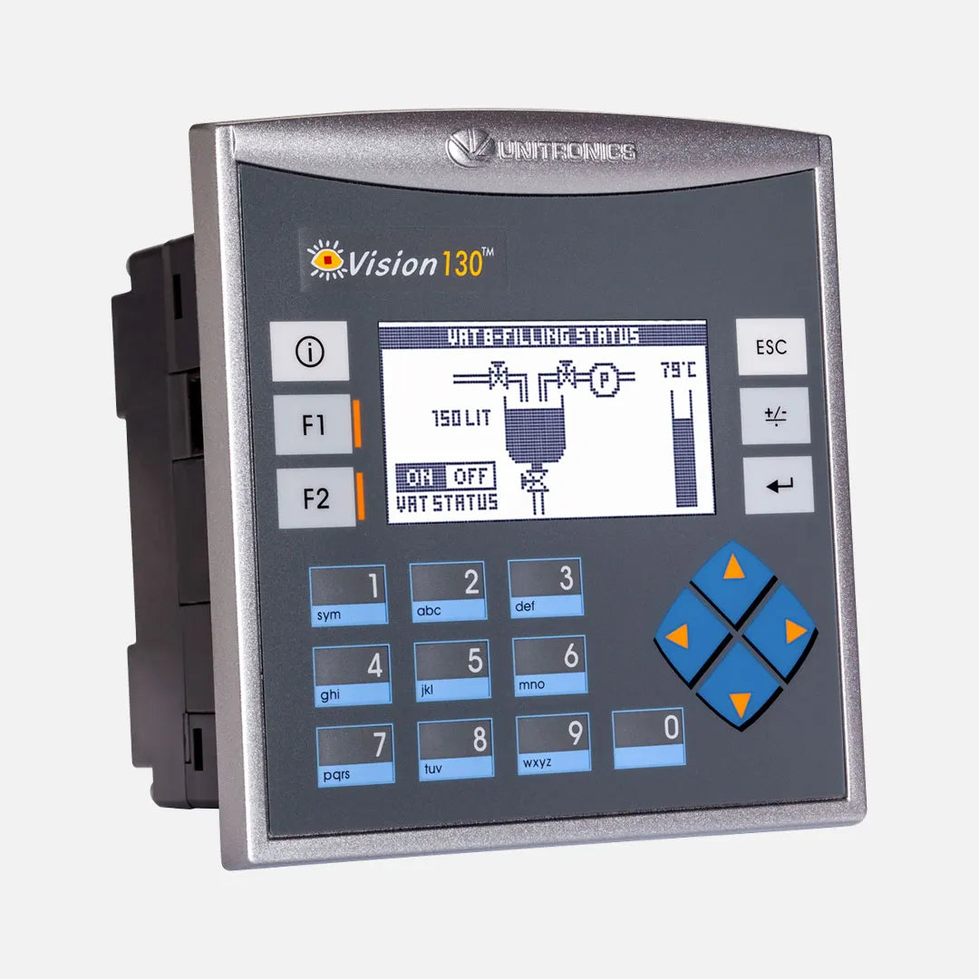 PLC+HMI 2.4” LCD STN 128x64px 8DI (1xHSC), 2D/AI, 2PT100/TC 8DO (Relé), 2AO