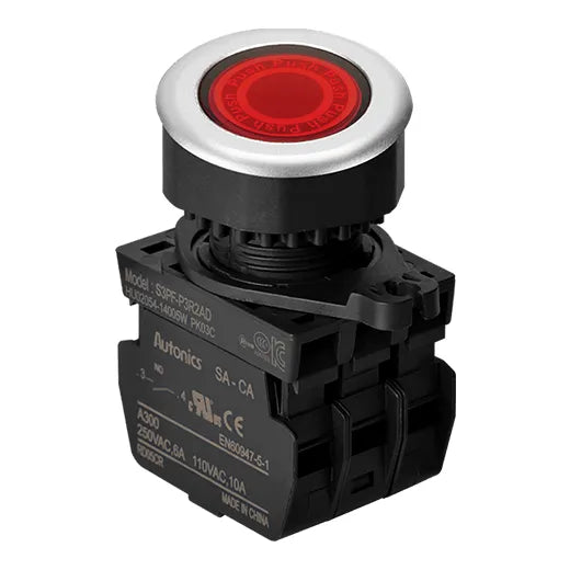 S3PF-P3R2AL Botón iluminado rasante 30mm momentáneo rojo 110-220VAC 1NA