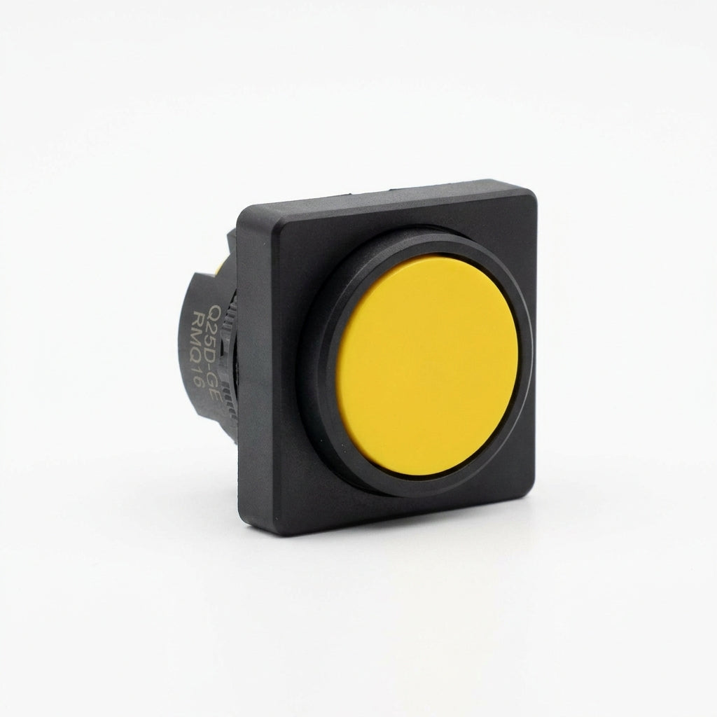 Q25D-GE RMQ16 Botón cuadrado 25X25mm Plano B/negro 16mm Momentáneo Amarillo