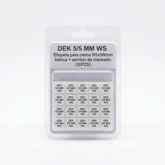 DEK 5/5 MM WS Etiqueta para clema 5Hx5Wmm blanca + servicio de impresión (20PZS)
