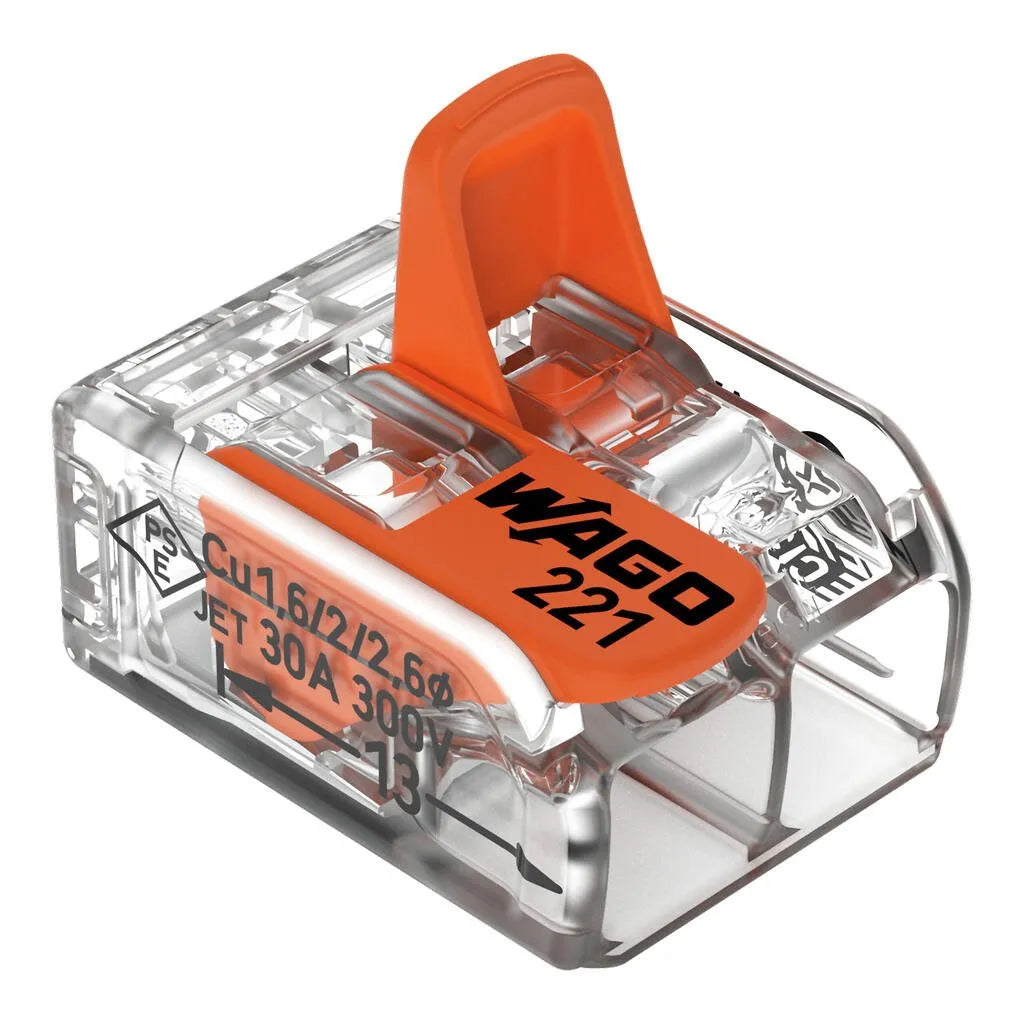 Conector rapido con palancas 2 polos  20-10AWG 30A 600VCA Transparente