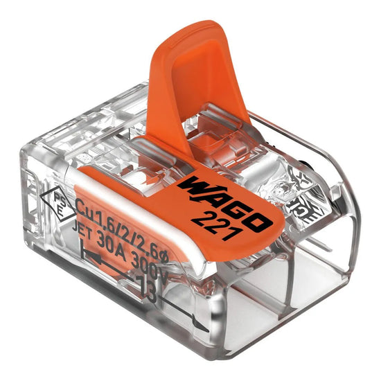 Conector rapido con palancas 2 polos  20-10AWG 30A 600VCA Transparente