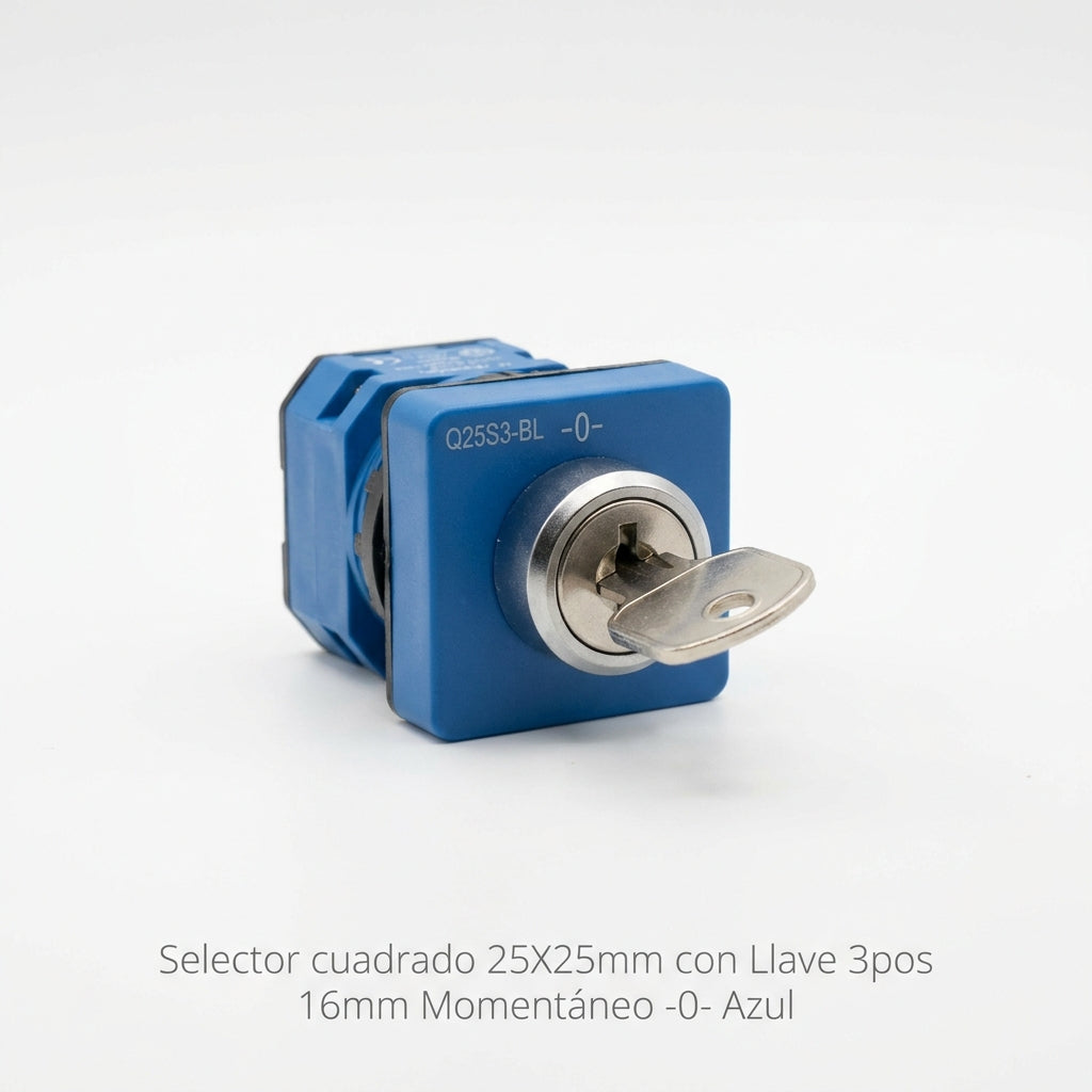 Q25S3-BL Selector cuadrado 25X25mm con Llave 3pos 16mm Momentáneo -0- Azul