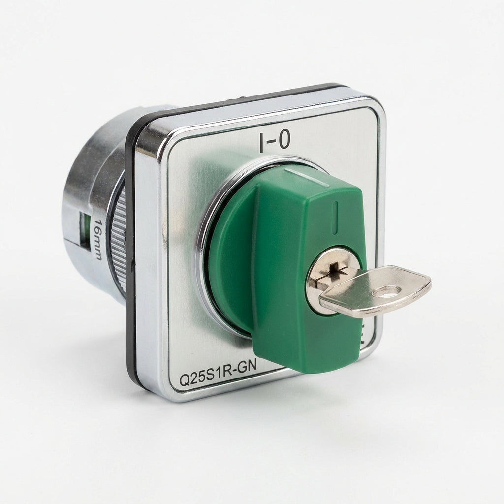 Q25S1R-GN Selector cuadrado 25X25mm con Llave 2pos 16mm Mantenido -I-0- Verde