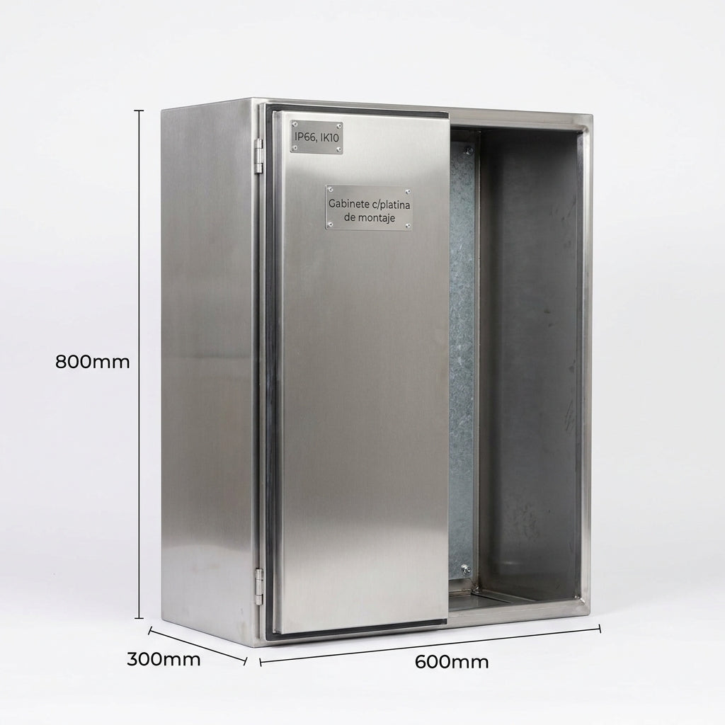 Gabinete c/platina de montaje 800mmHX600mmWX300mmD Acero inox. SS304 IP66, IK10