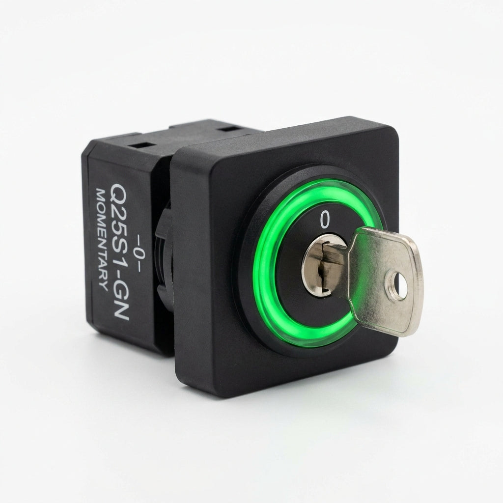 Q25S1-GN Selector cuadrado 25X25mm con Llave 2pos 16mm Momentáneo -0- Verde