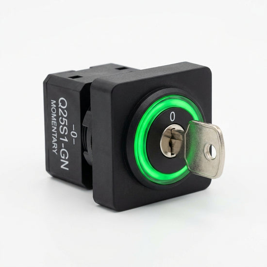 Q25S1-GN Selector cuadrado 25X25mm con Llave 2pos 16mm Momentáneo -0- Verde