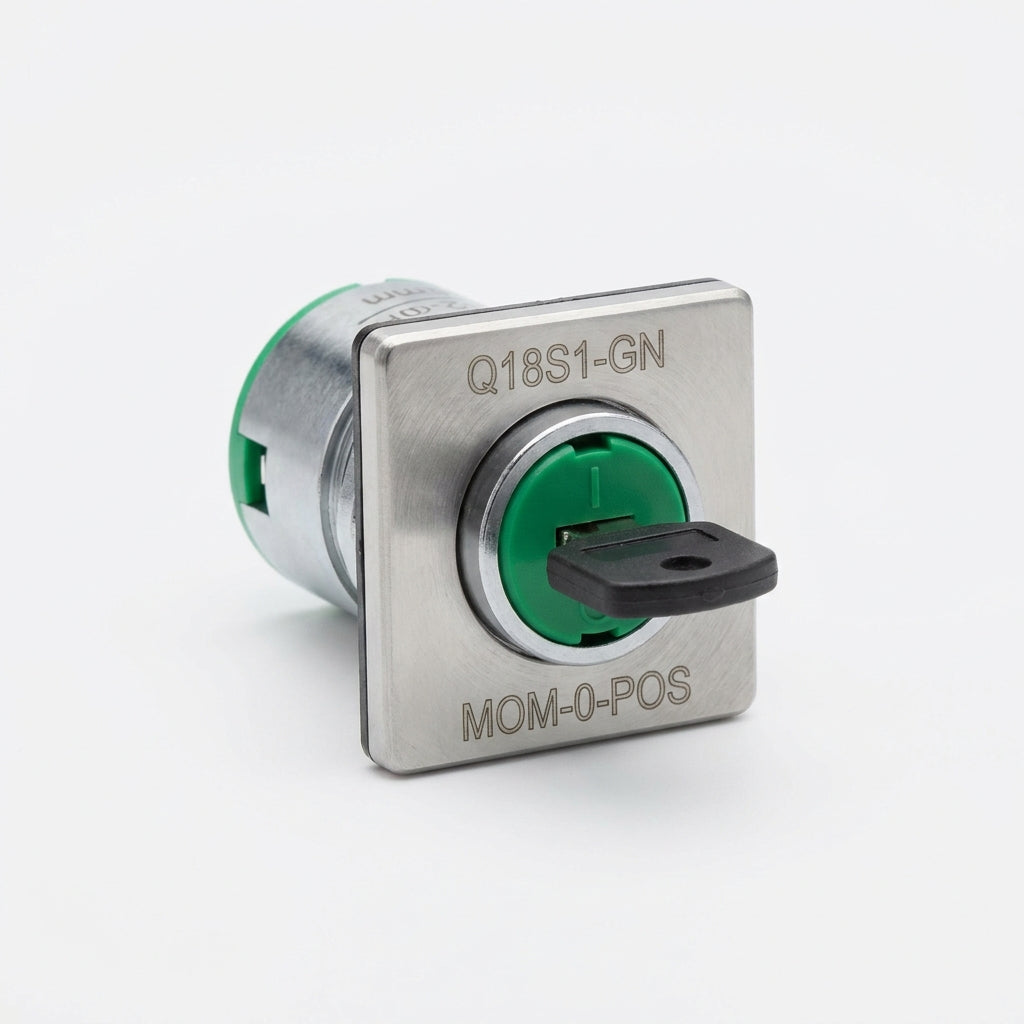 Q18S1-GN Selector cuadrado 18X18mm con Llave 2pos 16mm Momentáneo -0- Verde