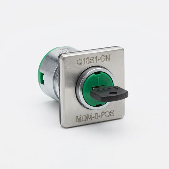 Q18S1-GN Selector cuadrado 18X18mm con Llave 2pos 16mm Momentáneo -0- Verde