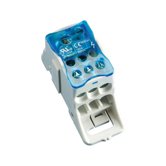 UDJ 125 Bloque de distribución 160A Input 1×3/0 + 1x4AWG, Output 6x4AWG riel DIN