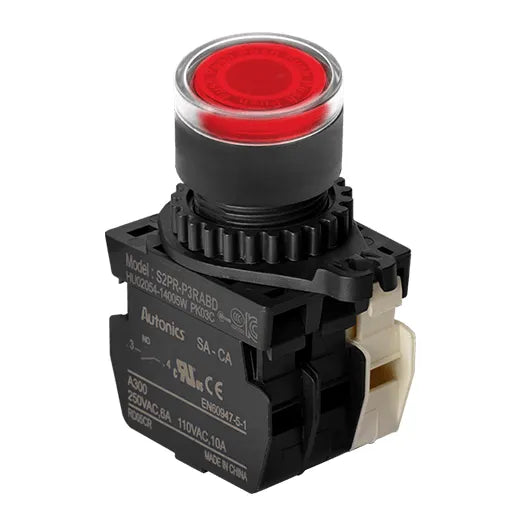 S2PR-P3RABL Botón iluminado saliente 22mm momentáneo rojo 110-220VAC 1NA+1NC