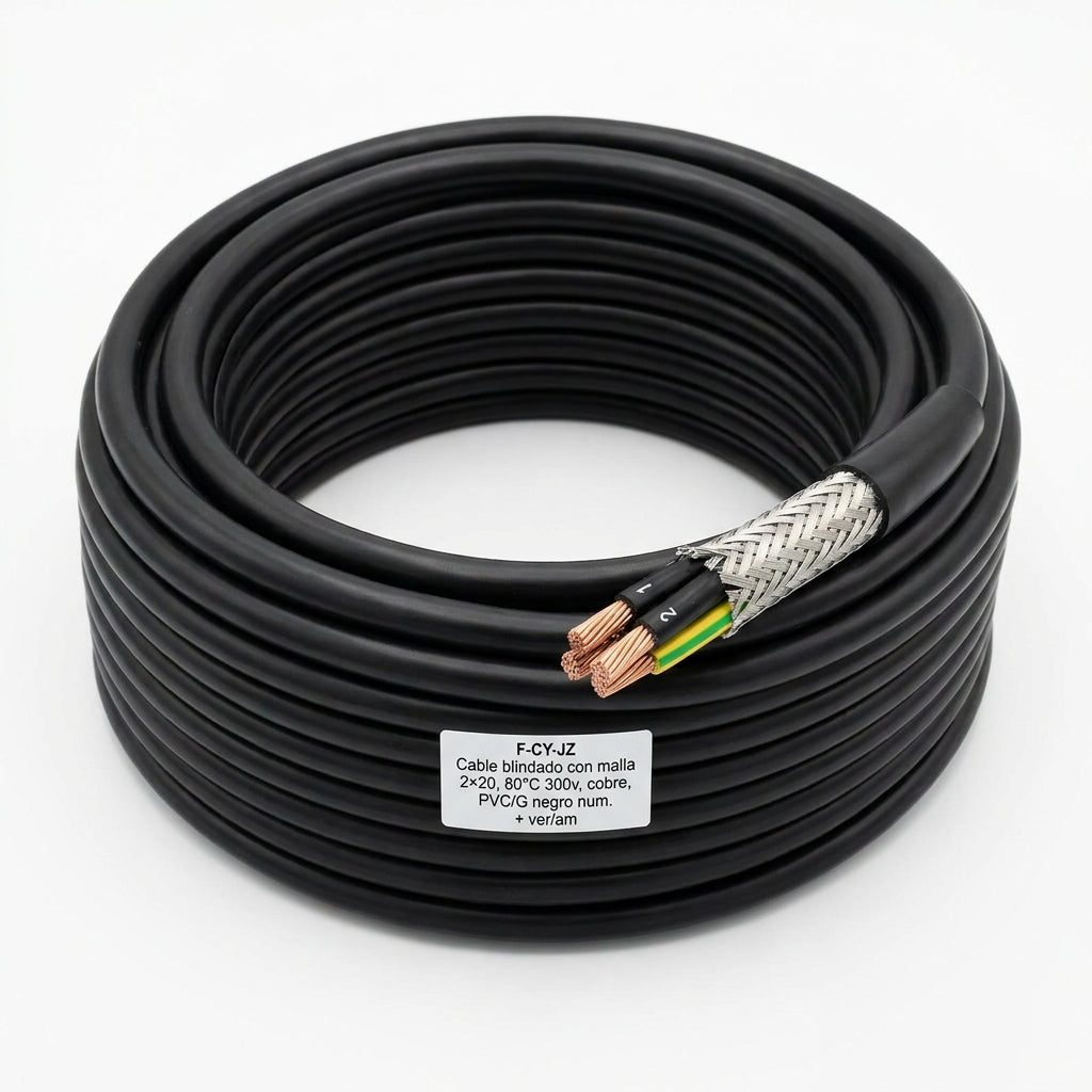 F-CY-JZ Cable blindado con malla 2×20,80°C 300v,cobre, PVC/G negro num. + ver/am