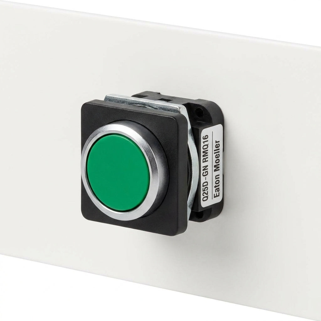 Q25D-GN RMQ16 Botón cuadrado 25X25mm Plano B/negro 16mm Momentáneo Verde