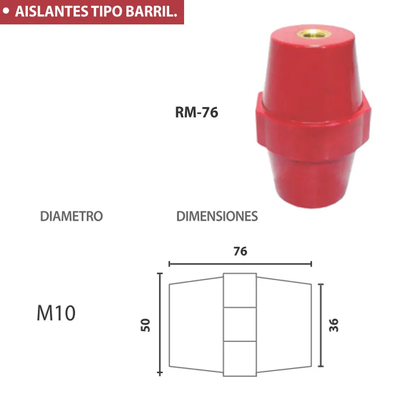 RM-76 aislante tipo barril diámetro M10 76x50mm 25kV rigidez 10kV/mm