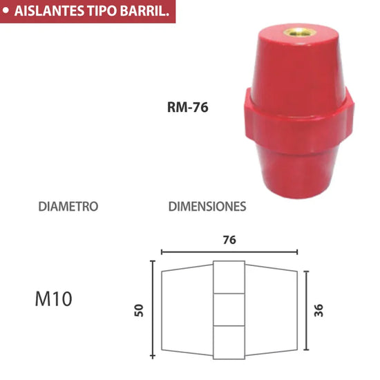 RM-76 aislante tipo barril diámetro M10 76x50mm 25kV rigidez 10kV/mm