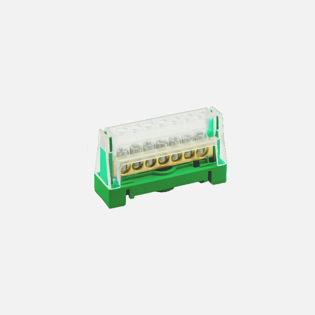 Terminal de tierra fisica atornillada 7 orificios 2x6AWG + 5x8AWG 750VCA Verde