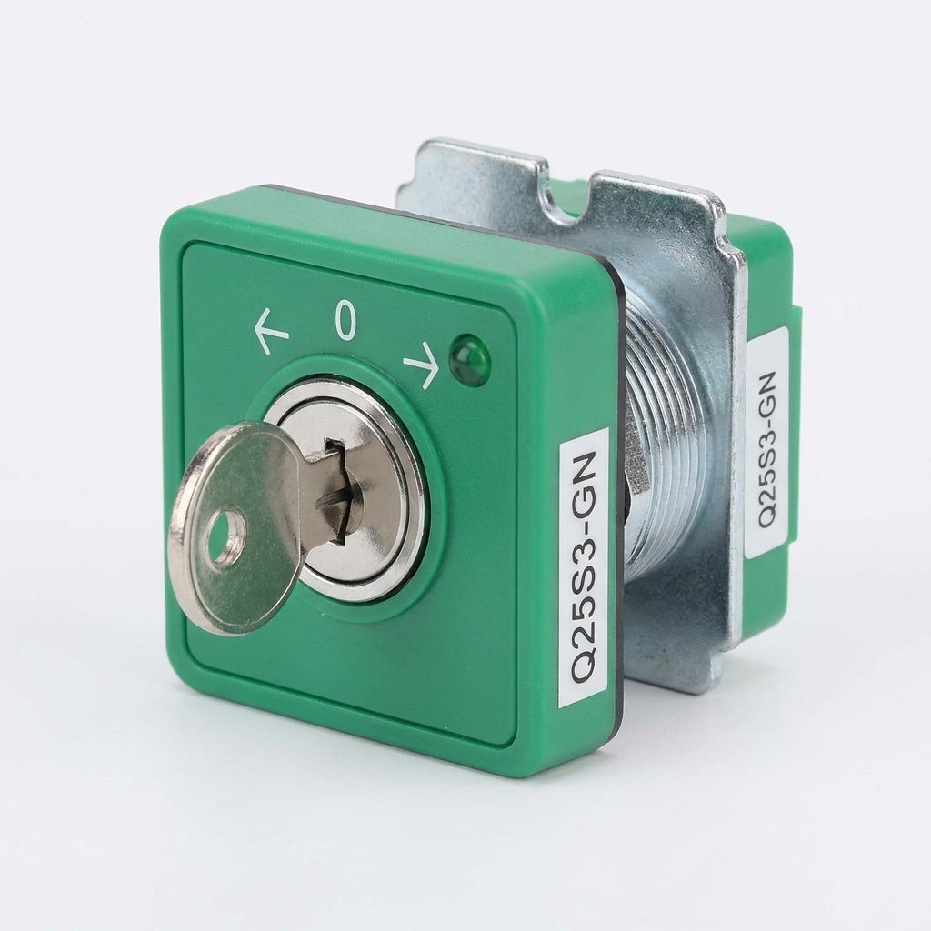 Q25S3-GN Selector cuadrado 25X25mm con Llave 3pos 16mm Momentáneo -0- Verde