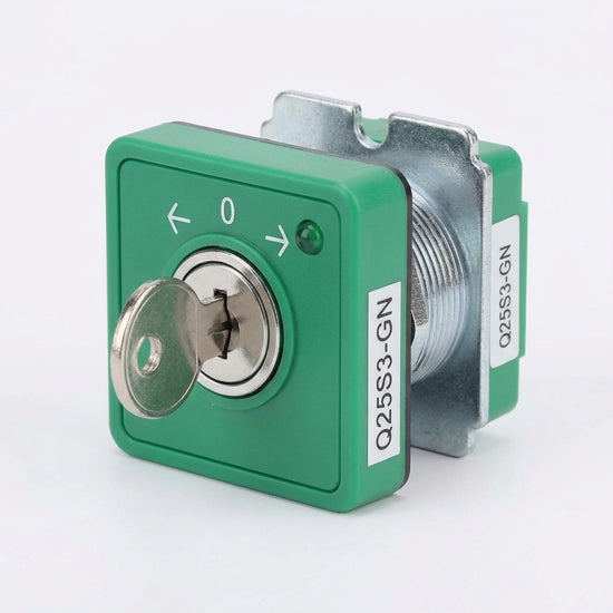 Q25S3-GN Selector cuadrado 25X25mm con Llave 3pos 16mm Momentáneo -0- Verde