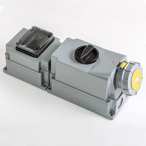 Base mural enclavamiento rail DIN 63A 2P+T 120VCA 4h Amarillo IP66-IP67