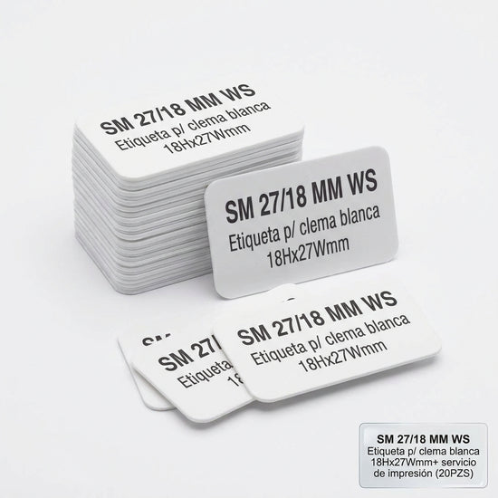 SM 27/18 MM WS Etiqueta p/ clema blanca 18Hx27Wmm+ servicio de impresión (20PZS)
