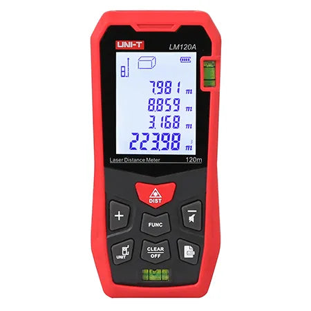 Medidor de distancia láser con pantalla LCD. Unidades de medida m/ft/in 0-120 m