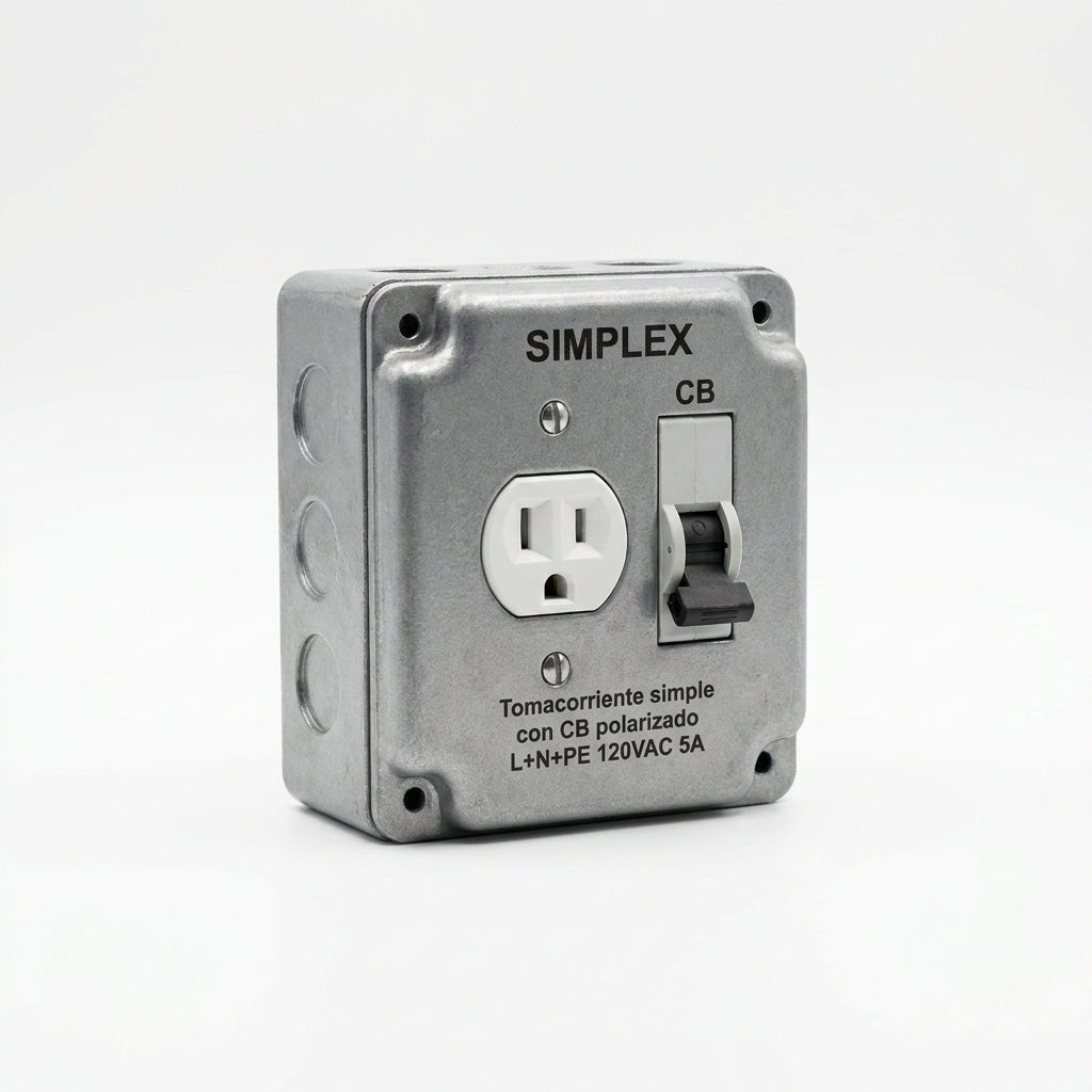 SIMPLEX Tomacorriente simple con CB polarizado L+N+PE 120VAC 5A
