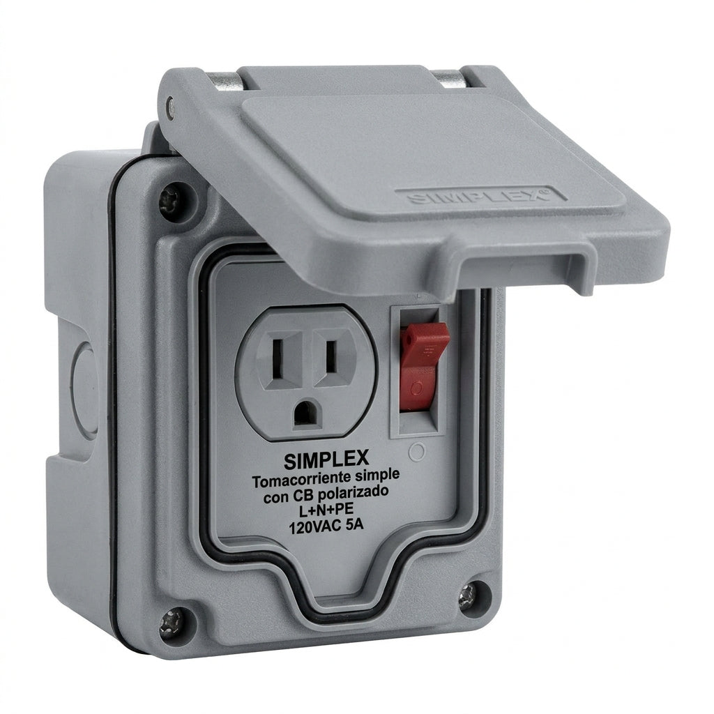 SIMPLEX Tomacorriente simple con CB polarizado L+N+PE 120VAC 5A