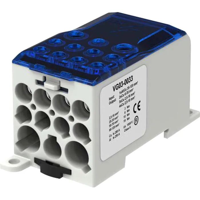 Bloque 1P 35-120mm² 5x(2.5-16), 4x(2.5- 10), 2x(6-35)mm² 250A 1000VCA Azul