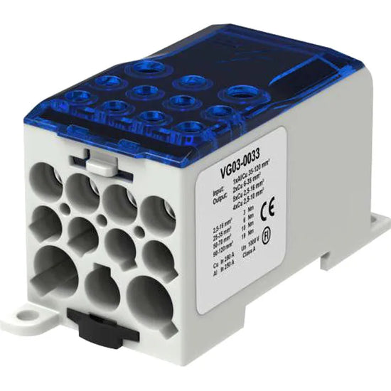 Bloque 1P 35-120mm² 5x(2.5-16), 4x(2.5- 10), 2x(6-35)mm² 250A 1000VCA Azul