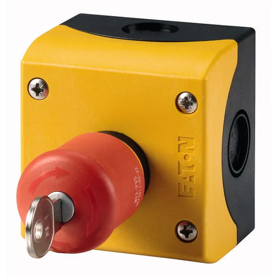 M22-PVS/KC11/IY Botón paro de emergencia 22mm Llave Ms1 p/liberar 1NA1NC C/Caja