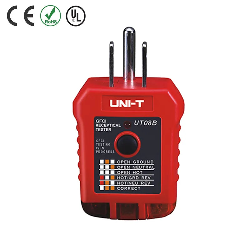 Probador de receptáculos 110~125VAC, 0.3W, 50~60Hz, GFCI 6~9mA