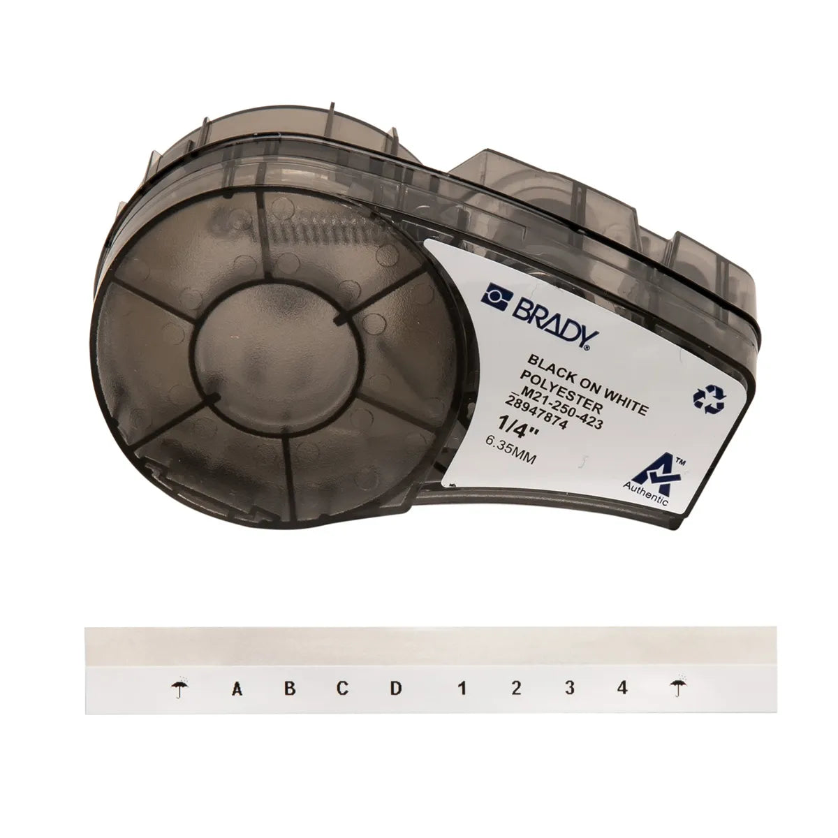 Etiqueta continua de poliéster 1/4″ 0.25W in x 21L ft Negro en Blanco