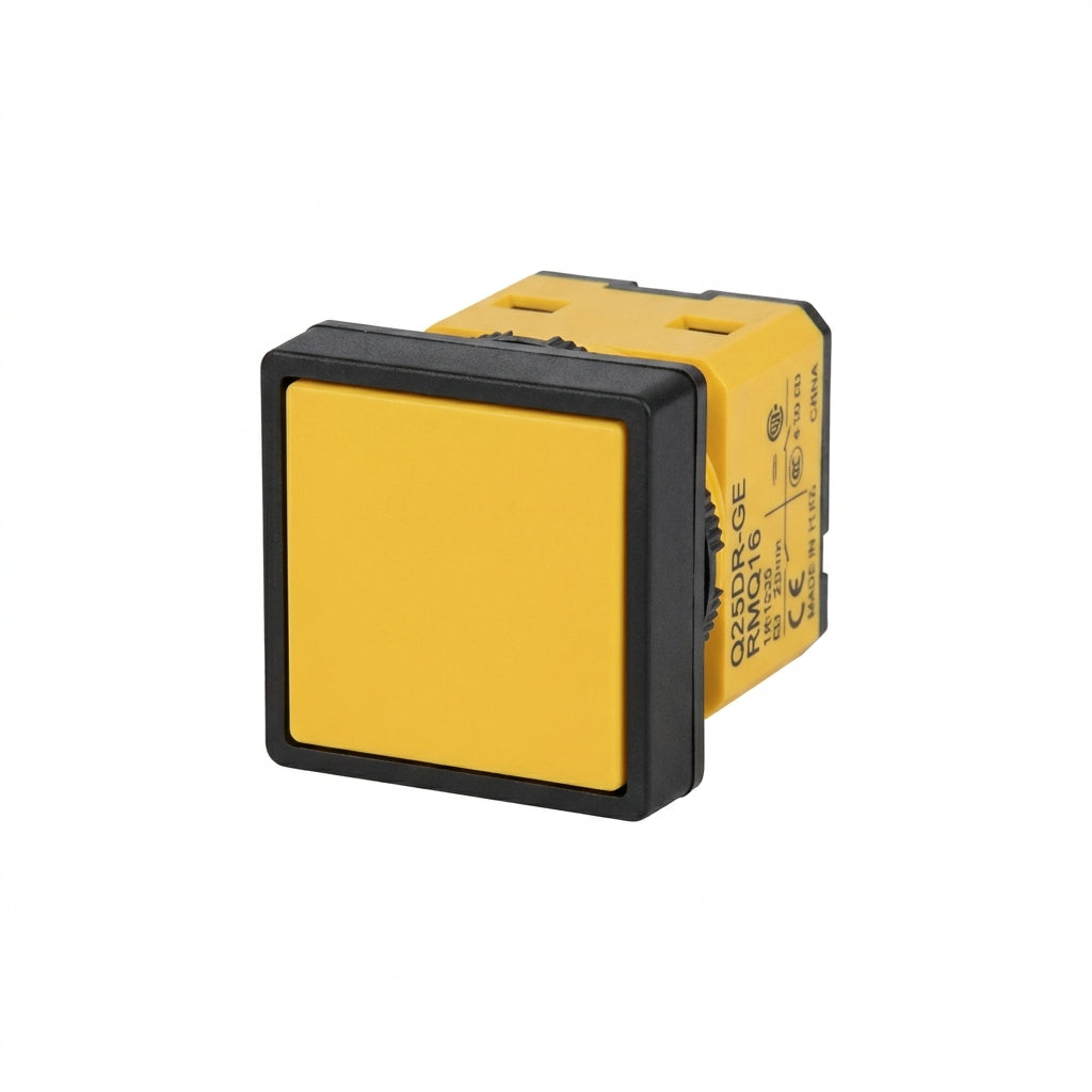 Q25DR-GE RMQ16 Botón cuadrado 25X25mm Plano B/negro 16mm Mantenido Amarillo