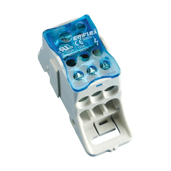 UDJ 125 Bloque de distribución 125A Input 1×1/0 + 1x4AWG, Output 6x4AWG riel DIN