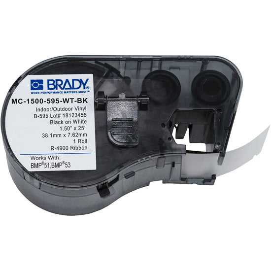 Etiqueta continua de vinilo 1 1/2″ 1.5W in x 25L ft Negro en Blanco